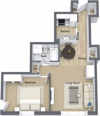 Floor plan for 1 bed, 1 bath, 600 sqft